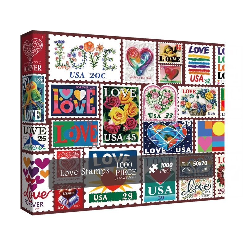 Love Heart Stamps Puzzles 1000 Pieces For Adults, Colorful Valentines Jigsaw Puzzle, Romantic Collage Puzzles For Father'S Day A