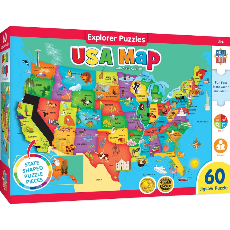 Masterpieces 60 Piece Educational Jigsaw Puzzle For Kids - Usa Map State Shaped - 16.5'X12.75'