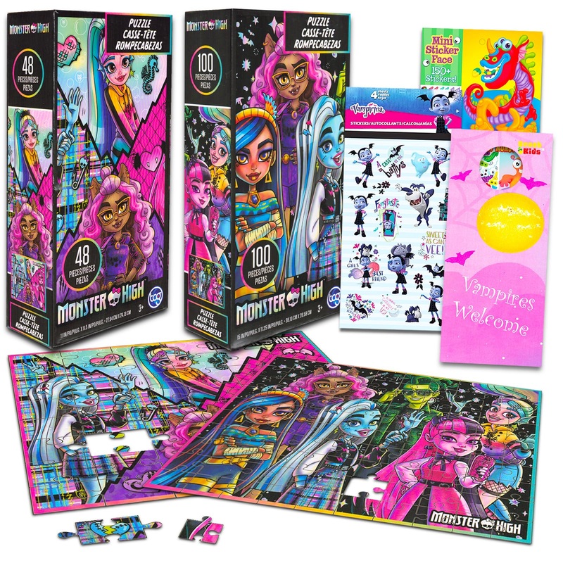 Monster High Puzzle For Girls Set - Bundle With 2 Monster High Jigsaw Puzzles Plus Stickers, More | 48 Pc, 100 Pc Monster High Puzzles For Kids Ages 4-8