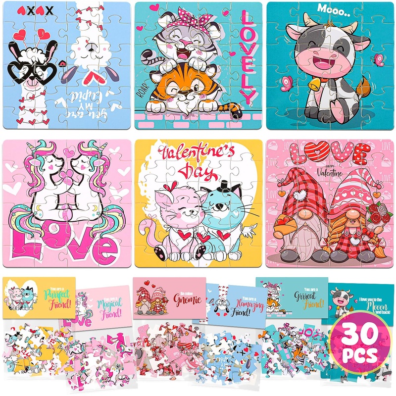 Movinpe Valentines Day Gifts For Kids - 30 Pack Jigsaw Puzzle With Valentines Cards Headers For Kids - Valentine Day Exchange Gi