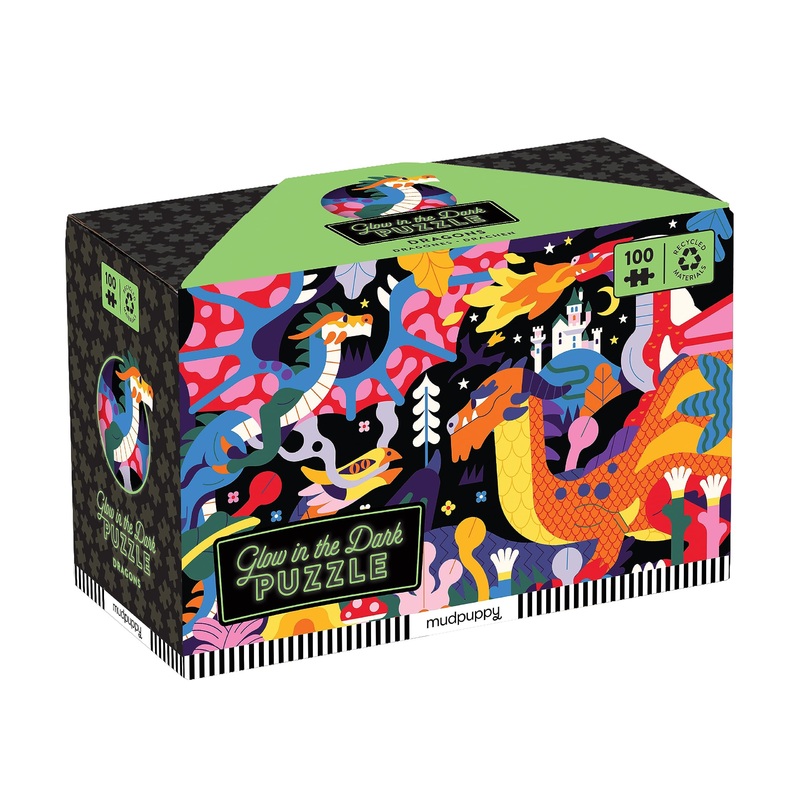 Mudpuppy Dragons - 100 Piece Glow In The Dark Jigsaw Puzzle With A Fantastical Scene Of Fire Breathing Dragons And Hidden Mediev