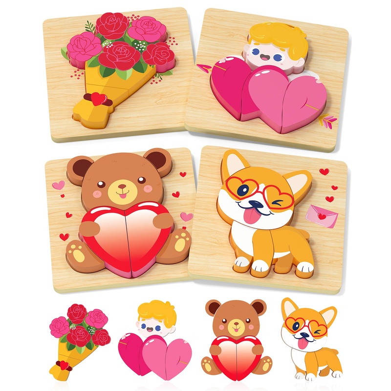 Oomloid Toddler Valentines Wooden Puzzles Gifts For Kids, 4 Pack Valentines Day Toys Valentines Gifts For Kids Classroom, Valent