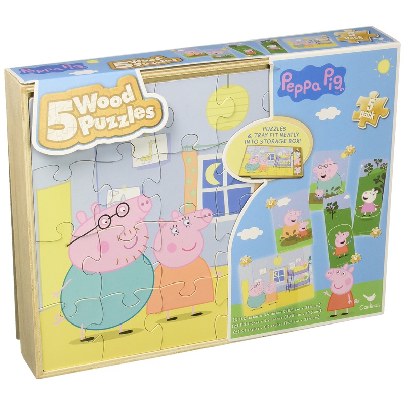Peppa Pig 5 Wood Puzzles In Wooden Storage Box (Styles Will Vary)