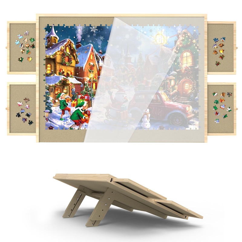 Puzzle Board With Drawers And Cover, 1500 Pieces Jigsaw Puzzle Board With Adjustable Tilt Stand, Tilting Puzzle Board For All Ag