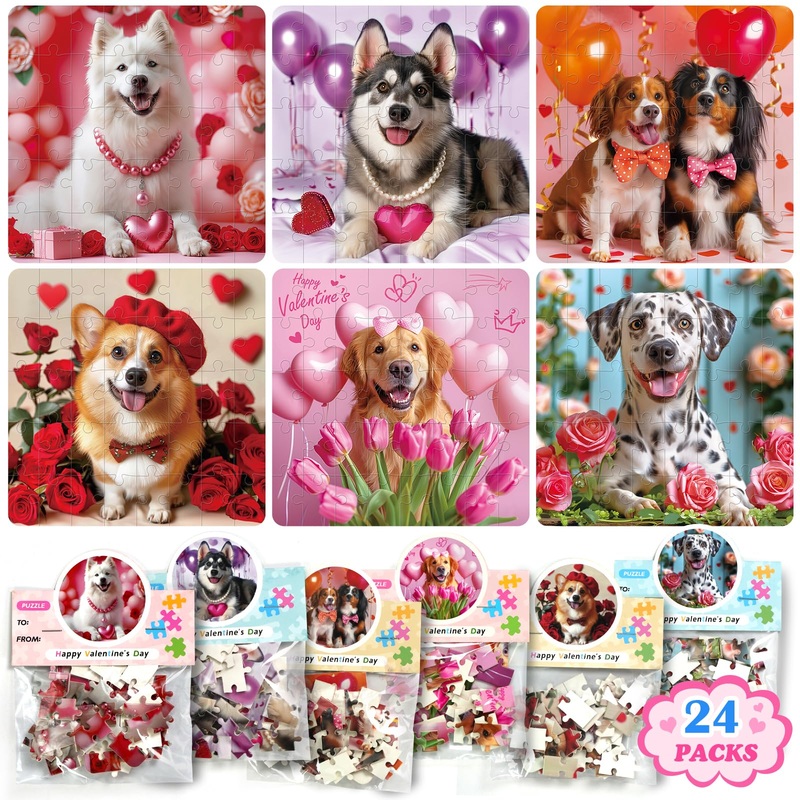 Rifamee 24 Packs Valentine Day Gifts For Kids With Cards Dogs Jigsaw Puzzles Goodies Bags Classroom Gifts Exchange For Boys And