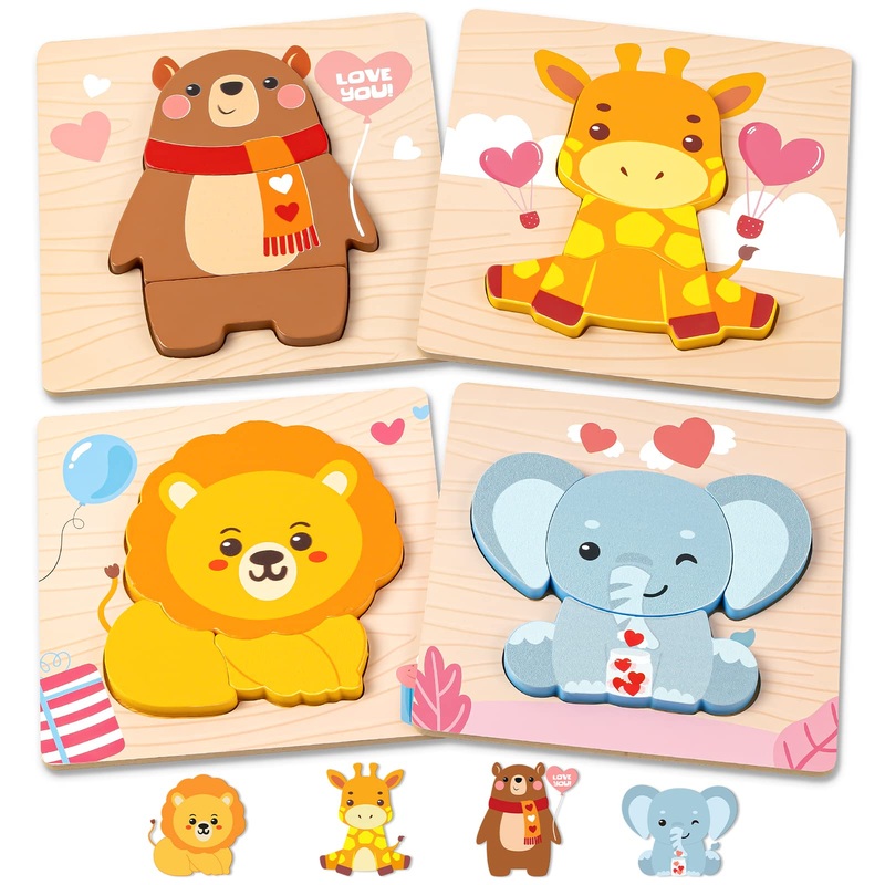 Valentines Toys Gifts For Kids Toddlers - 4 Pack Wooden Puzzles With Animals Design, Valentine Party Favors For Boys Girls, Kids