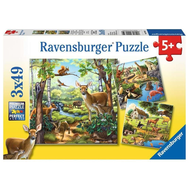 Ravensburger Animals Of The Forest, Zoo & Farm 3X49 Piece Jigsaw Puzzle Set Forkids - | Unique Piece Design | Anti-Glare Surface | Skill-Building, Fun Activity | Amazon Exclusive