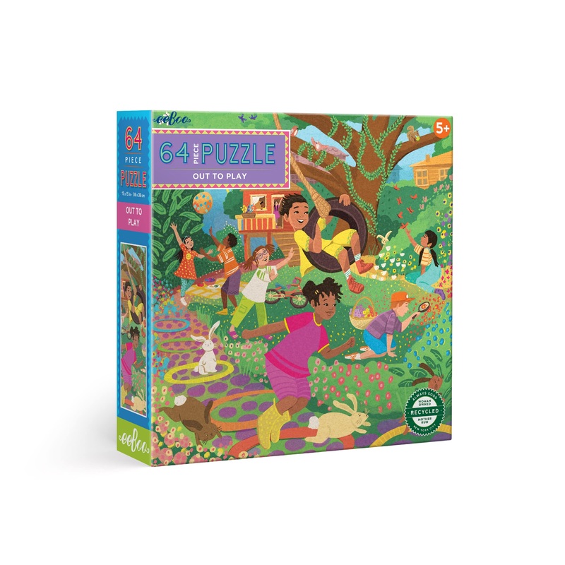 Eeboo: Out To Play 64 Piece Jigsaw Puzzle, Perfect Project For Little Hands, Aids In Development Of Pattern, Shape, And Color Recognition, Offers Children A Challenge