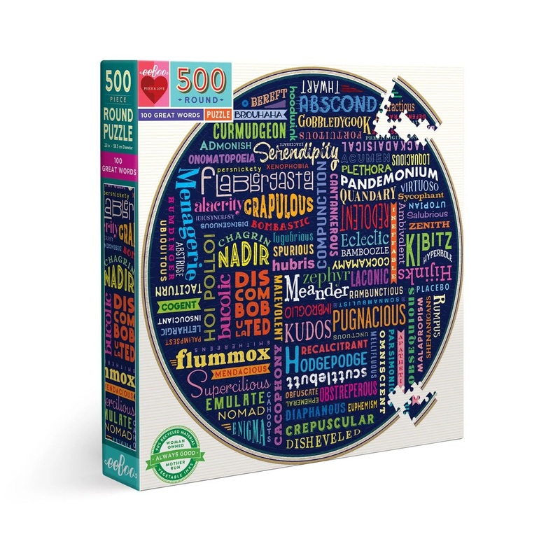 Eeboo: Piece And Love 500 100 Great Words Piece Round Circle Jigsaw Puzzle, Puzzle For Adults And Families, Glossy, Sturdy Pieces And Minimal Puzzle Dust
