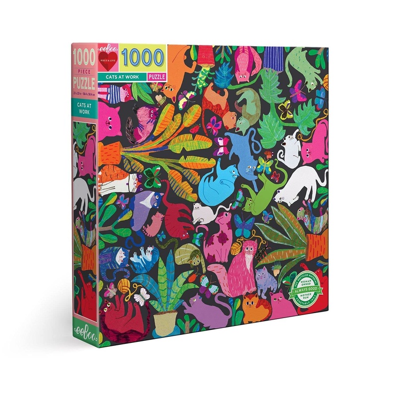 Eeboo: Piece And Love Cats At Work 1000-Piece Square Adult Jigsaw Puzzle, Jigsaw Puzzle For Adults And Families, Includes Glossy, Sturdy Pieces And Minimal Puzzle Dust