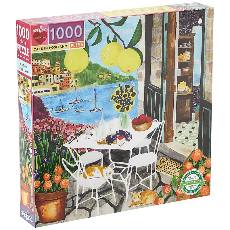 Eeboo: Piece And Love Cats In Positano 1000 Piece Square Adult Jigsaw Puzzle, Puzzle For Adults And Families, Glossy, Sturdy Pieces And Minimal Puzzle Dust