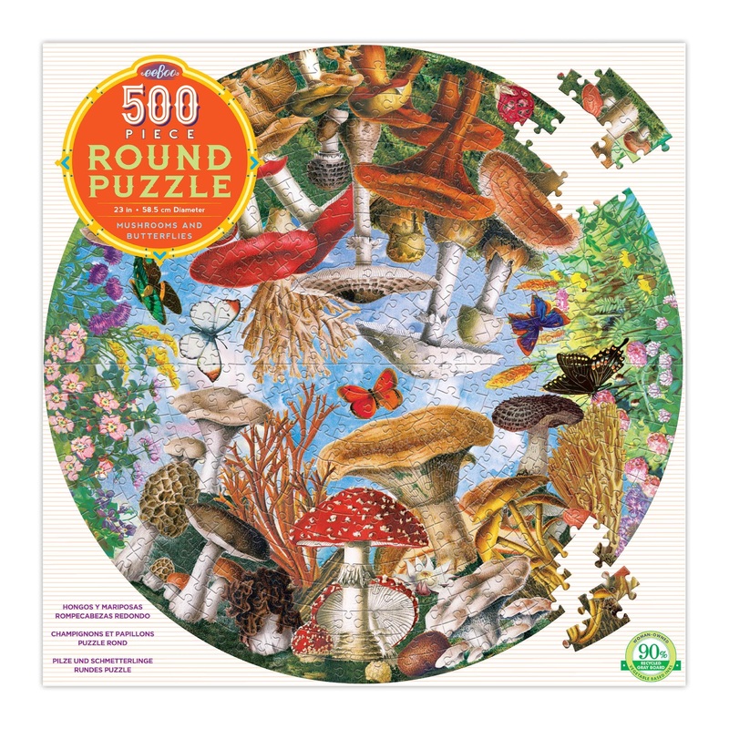 Eeboo: Piece And Love Mushrooms And Butterflies 500 Piece Round Circle Jigsaw Puzzle, Jigsaw Puzzle For Adults And Families, Includes Glossy And Sturdy Pieces