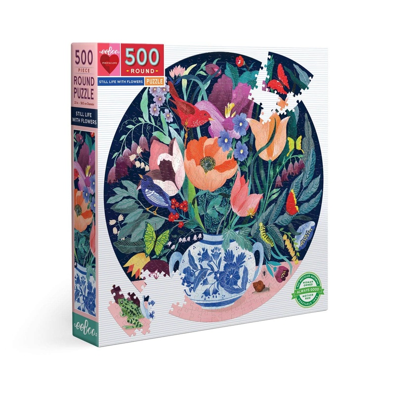 Eeboo: Piece And Love Still Life With Flowers 500 Piece Round Circle Jigsaw Puzzle, Puzzle For Adults And Families, Glossy, Sturdy Pieces And Minimal Puzzle Dust
