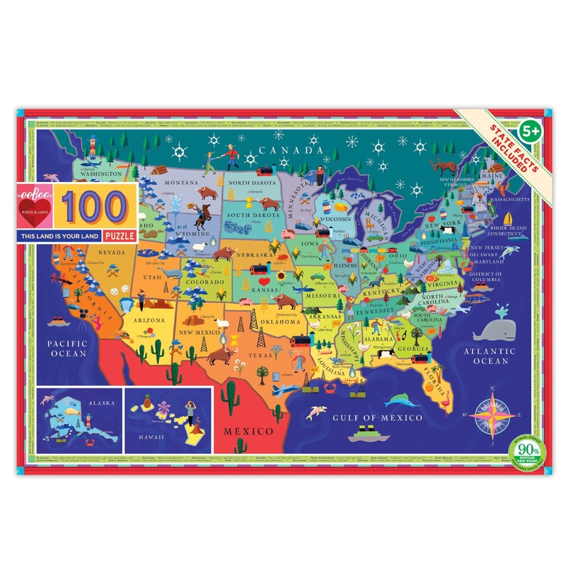 Eeboo: This Land Is Your Land 100 Piece Puzzle, Allows Children To Learn Key Industries And Wildlife Associated With Each State, Makes Learning Fun, Perfect For Ages 5 And Up