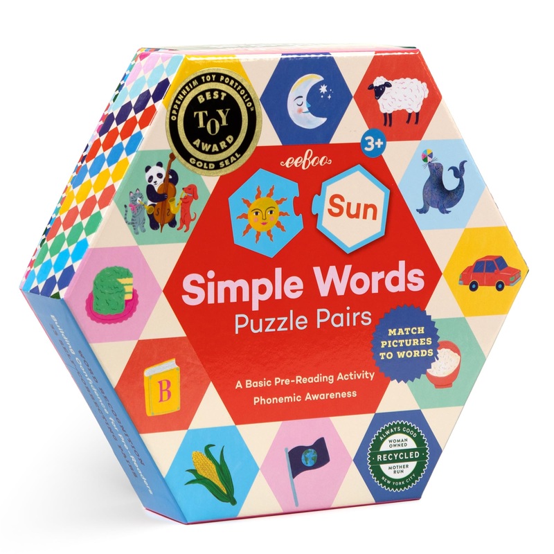 Eeboo: Hexagon Puzzle Pairs - Simple Words - 33 Pairs, Match Pictures To Letters, A Pre-Reading Activity, Educational Preschool Learning, Kids Ages 3+