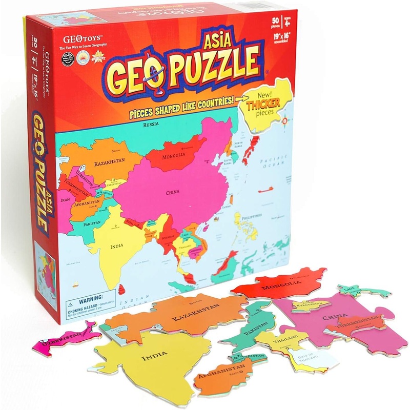Geotoys Geopuzzle, Asia Shaped Jigsaw Puzzles, 50 Pc Geography Puzzle, Geography Game & Map Puzzle, Jigsaw Puzzles For Kids Ages 6-9 Years Old