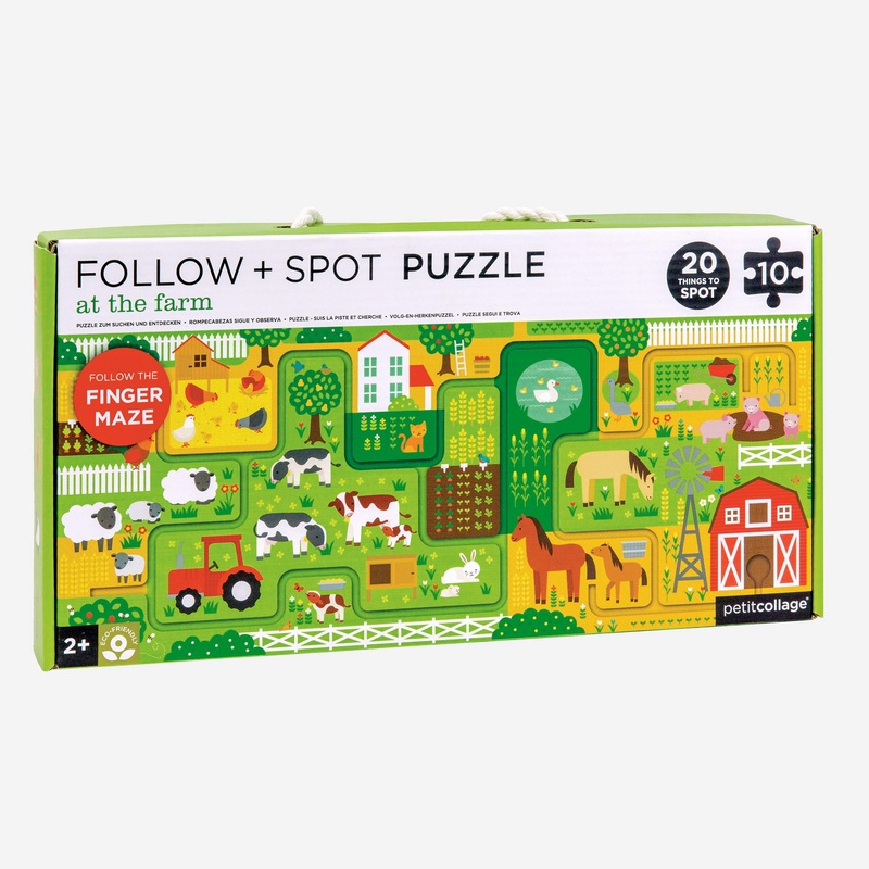Petit Collage Follow + Spot Puzzle, At The Farm, 10-Pieces  Large Puzzle For Kids, Completed Educational Puzzle Measures 21X 8.5  Makes A Great Gift Idea For Ages 2+