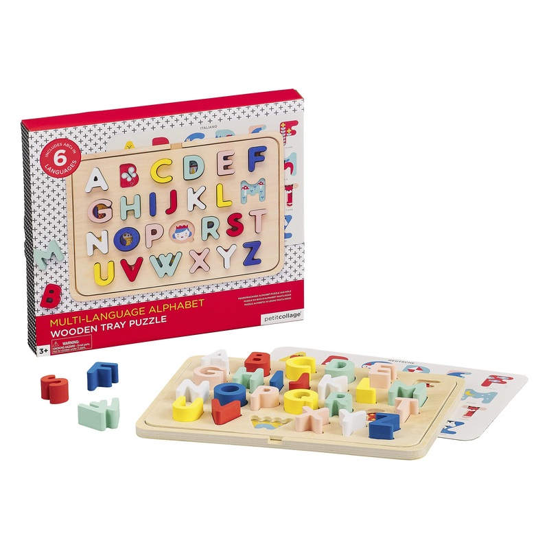 Petit Collage Multi-Language Alphabet Wooden Jigsaw Tray Puzzle  Abc Puzzle With 26 Letter Pieces And 4 Icon Sheets, Language Development Toys In English, French, Italian & German, Ideal For Ages 3+
