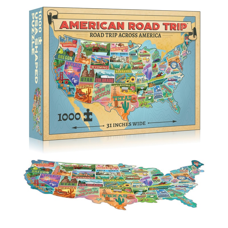 Tdc Games Usa - Shaped 1000 Piece Puzzle - Large Challenging Map With Roadtrip Art, Educational Game For Family Game Night, House Party & Travel