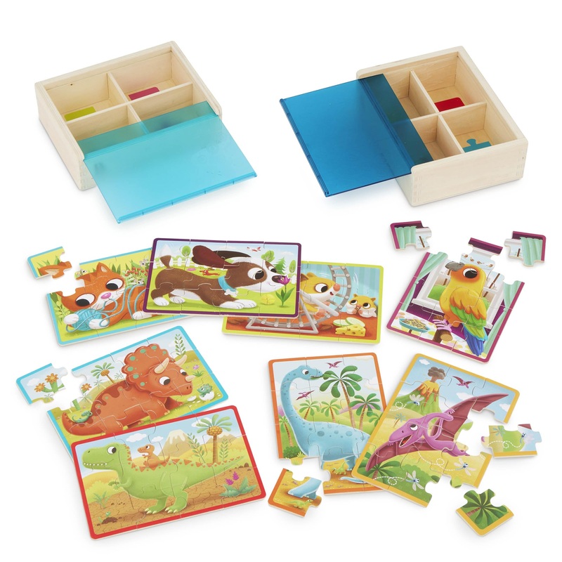 B. Toys- Pack O' Puzzles 2-Pack - Pets & Dinos- Wooden Puzzle Box Set  2 Puzzle Boxes, 8 Puzzles- 12-Piece Jigsaw Puzzles For Kids  3 Years +