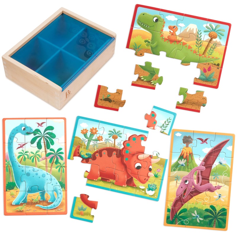 B. Toys- Pack O' Puzzles - Dinosaurs- Wooden Puzzle Set  4 Dinosaur Puzzles  Classic Prehistoric Puzzle  12-Piece Jigsaw Puzzles For Kids  3 Years +