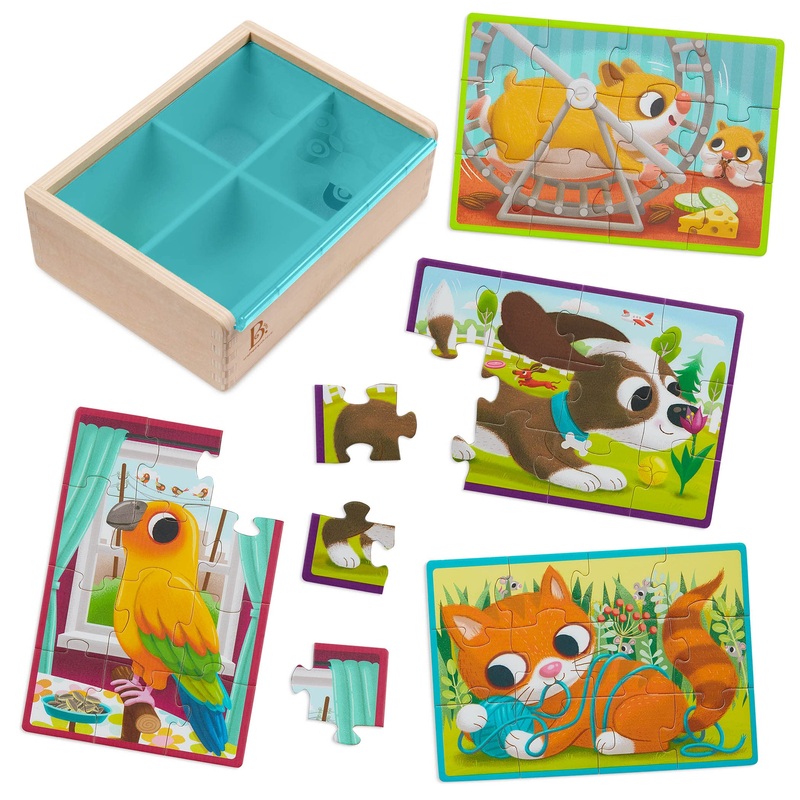 B. Toys  Wooden Puzzle Set  4 Animal Puzzles  Cat, Dog, Bird, Hamster 12-Piece Jigsaw Puzzles For Kids  3 Years +  Pack O' Puzzles - Pets