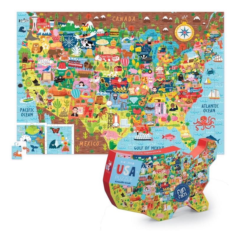 Crocodile Creek 200-Piece Jigsaw Floor Puzzle - Unique Puzzles For Kids Ages 6-8 And Up - Heavy-Duty Shaped Box For Storage - Includes A Fun Fact Booklet - Usa Puzzle - 13' L X 19' H Finished