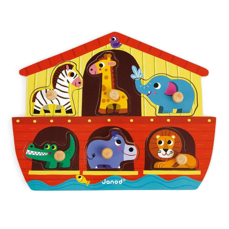 Janod 6 Piece NoahS Ark Puzzle Themed Wooden Peg Colorful Jigsaw Puzzle - Encourages Shape Recognition, Dexterity, And Language Development - Preschool Kids And Toddlers 18 Months+
