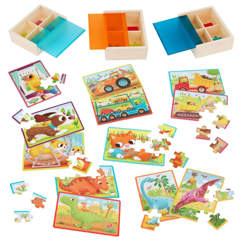 B. Toys- Pack O' Puzzles 3-Pack - Pets, Dinos & Trucks- Wooden Puzzle Box Set  3 Puzzle Boxes, 12 Puzzles  4 Dinos, 4 Pets, 4 Trucks  12-Piece Jigsaw Puzzles For Kids  3 Years +