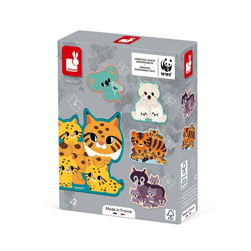Janod World Wildlife Fund 5 Adaptable Animal Puzzles (2 To 6 Pieces) - Ages 2+ - J08625