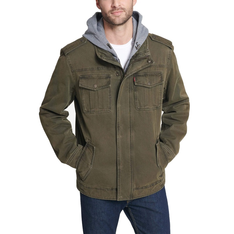 Levis Mens Washed Hooded Military Cotton Lightweight Jackets, Olive, X-Large Us