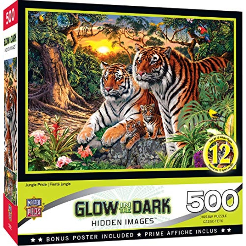 Masterpieces 500 Piece Glow In The Dark Jigsaw Puzzle For Adults, Family, Or Kids - Jungle Pride - 15''X21''