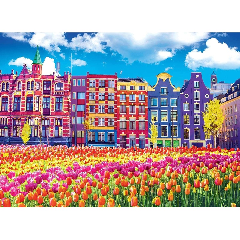 Roseart - Kodak Premium - Traditional Old Buildings And Tulips In Amsterdam Netherlands Holland - 1000 Piece Jigsaw Puzzle For Adults