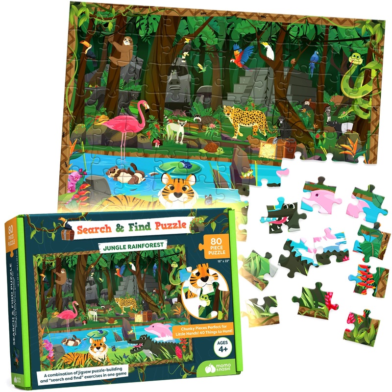 Search & Find Childrens Jigsaw Puzzles For Kids - 80 Pieces - Jungle Rainforest Theme - Floor Puzzles For Kids Ages 4-8, 3-5, 6-