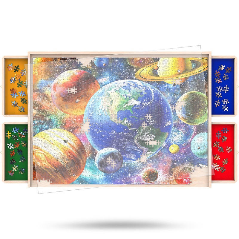 360-Degree Wheels Puzzle Board With Drawers And Cover 34'' X 26'' 1500 Piece Rotatable Puzzle Table Portable Wooden Jigsaw Puzzl