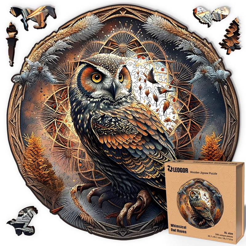 Leogor Wooden Puzzle For Adults - Whimsical Owl Haven - (500 Piece, Xl, 18 X 17.8 In) - Nature Inspired Round Mandala - Colorful