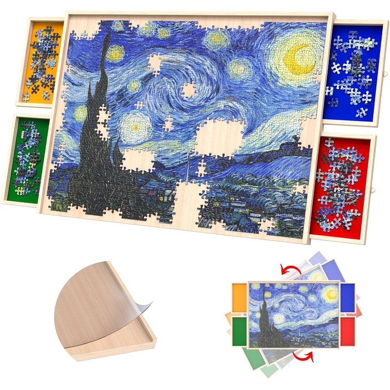 Rotatable 360-Degree Wheels Puzzle Board With Drawers And Cover 1500 Pieces Lightweight Portable Wooden Puzzle Table For Adults