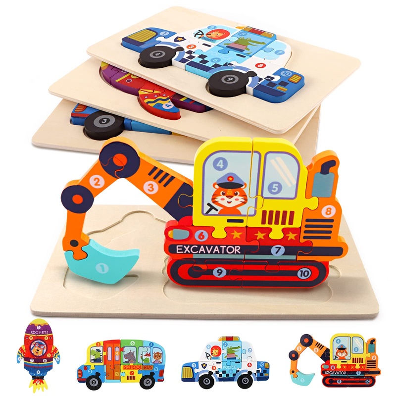 Wooden Puzzles For Toddlers, 4 Pack Wooden Transportation Puzzles Toys Gift For Kids 1-3, Montessori Educational Learning Blocks