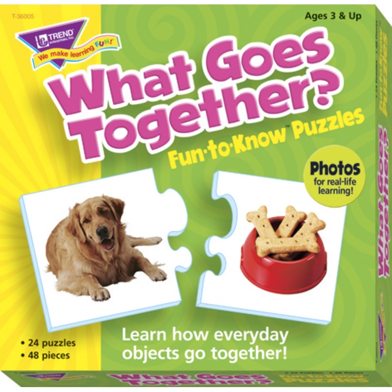 Trend Enterprises: Fun-To-Know Puzzles: What Goes Together?, Learn Related Objects & Their Words, 24 Two-Sided Puzzles, Self-Checking, 48 Puzzles Total, For Ages 3 And Up
