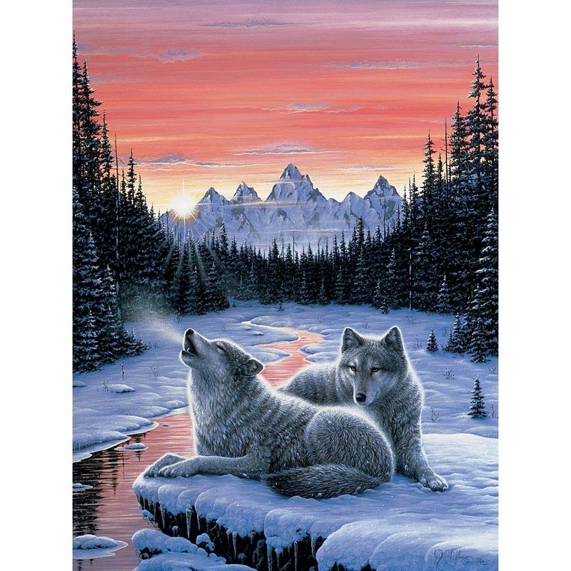Bits And Pieces - 1000 Piece Glow In The Dark Puzzle - Winter'S Dawn, Snowy Winter, Wolf - By Artist Jeff Tift - 1000 Pc Jigsaw