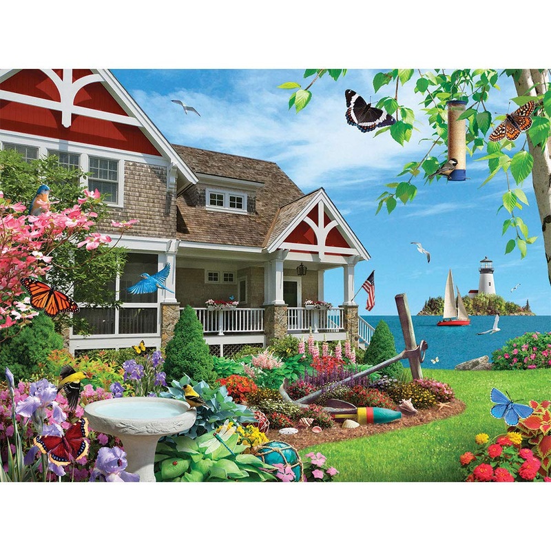 Bits And Pieces  300 Piece Jigsaw Puzzle For Adults  Blooming Beach House - Beach House Bird Flower Coast Jigsaw Puzzle By Artist Alan Giana, Completed Puzzle Size: 18' X 24'