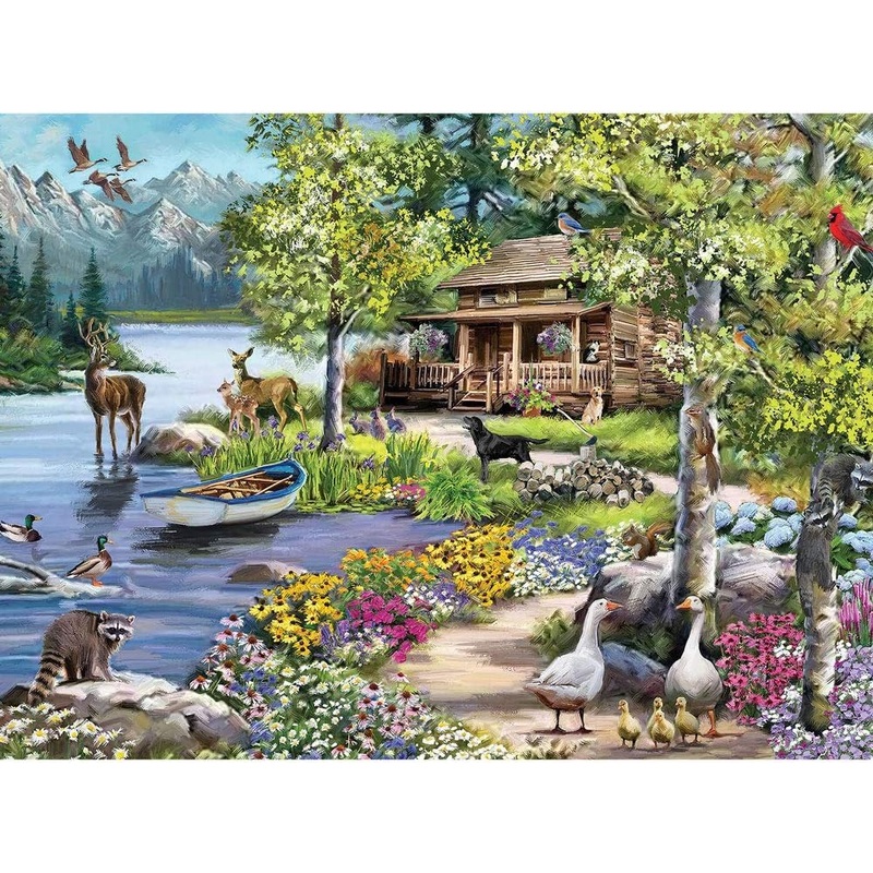 Bits And Pieces  300 Piece Jigsaw Puzzle For Adults  Cabin By The Lake - Woodland Animal Spring Forest Jigsaw Puzzle By Artist The Macneil Studio, Completed Puzzle Size: 18' X 24'