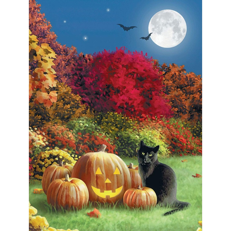 Bits And Pieces  300 Piece Jigsaw Puzzle For Adults  Midnight - Halloween Black Cat Pumpkin Jack - O - Lantern Full Moon Jigsaw Puzzle By Artist Alan Giana, Completed Puzzle Size: 18' X 24'