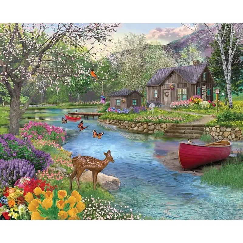 Bits And Pieces  300 Piece Jigsaw Puzzle For Adults  Spring Cabin - Forrest River Boat Pier Flower Tree Nature Bloom Jigsaw Puzzle By Artist Bigelow Illustrations, Completed Puzzle Size: 18' X 24'