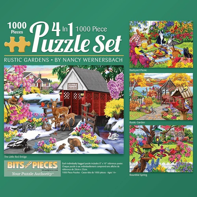 Bits And Pieces - 4-In-1 Multi-Pack - 1000 Piece Jigsaw Puzzles For Adults-Each Measures 20' X 27' (51Cm X 69Cm)-Rustic Garden By Artist Nancy Wernersbach