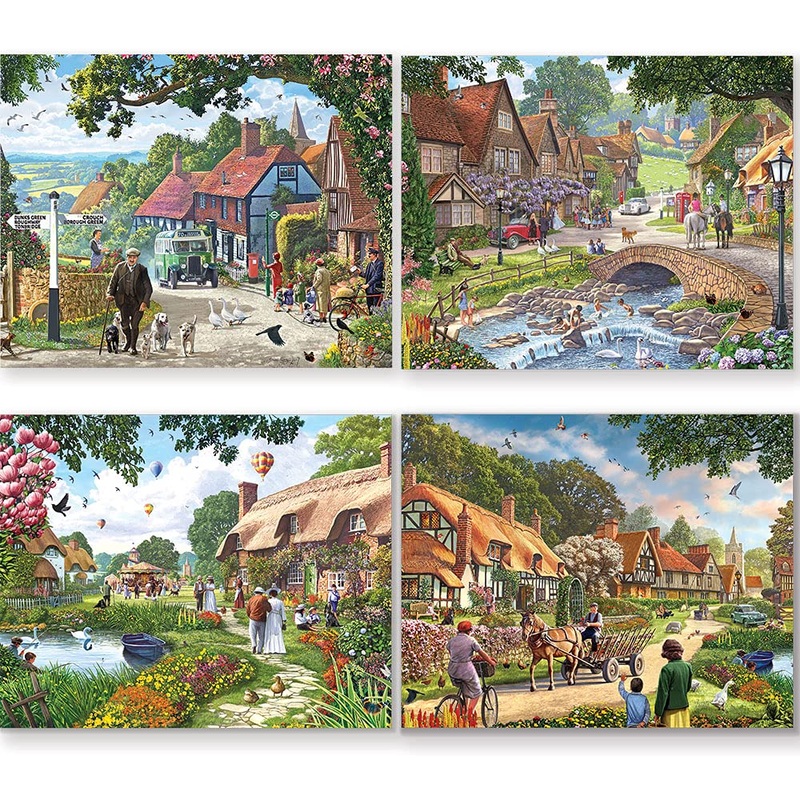 Bits And Pieces  4-In-1 Multi-Pack 300 Piece Jigsaw Puzzles For Adults  Village Life By Artist Steve Crisp, Completed Puzzle Size: 16' X 20'