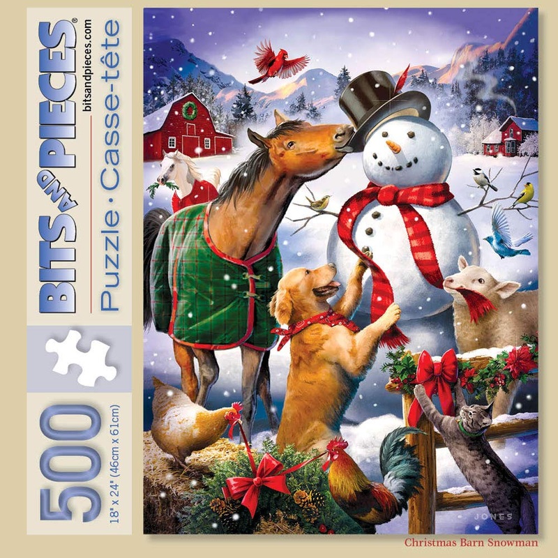 Bits And Pieces  500 Piece Jigsaw Puzzle For Adults  Christmas Barn Snowman - Animal Winter Scene Jigsaw Puzzle By Artist Larry Jones, Completed Puzzle Size: 18' X 24'