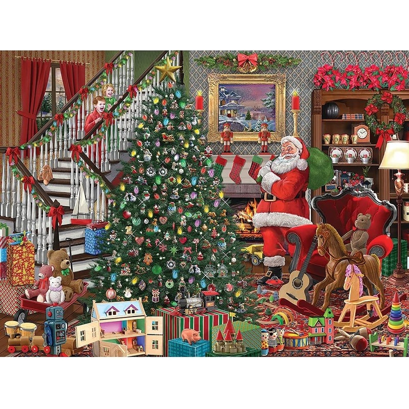 Bits And Pieces  500 Piece Jigsaw Puzzle For Adults  Christmas Joy - Santa Visiting Presents Tree Jigsaw Puzzle By Artist Bigelow Illustrations, Completed Puzzle Size: 18' X 24'
