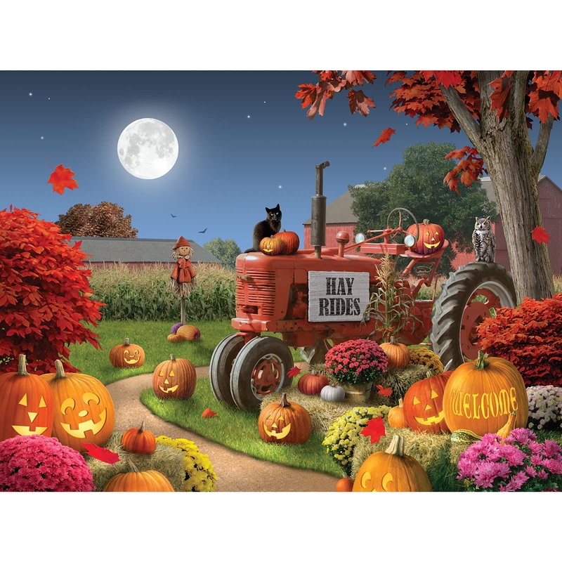 Bits And Pieces  500 Piece Jigsaw Puzzle For Adults  Happy Hollow - Halloween Farm Pumpkin Jack - O - Lantern Tractor Cat Fall Autumn Flower Corn Moon Night Jigsaw Puzzle By Artist Alan Giana
