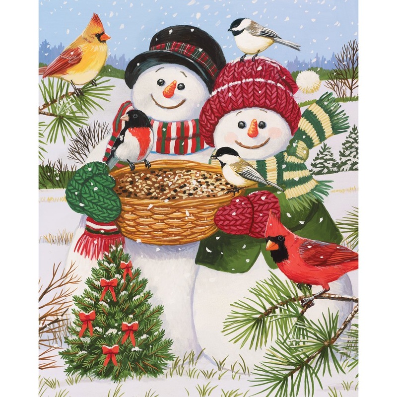 Bits And Pieces  Large 200 Piece Jigsaw Puzzle For Adults  Snow Couple Feeding The Birds - Snowman Fun Jigsaw Puzzle By William Vanderdasson, Completed Puzzle Size: 15' X 19'